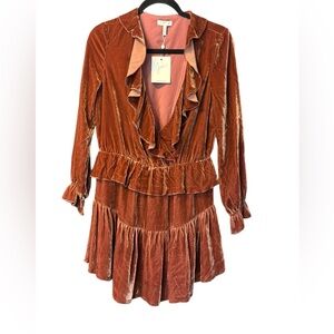 NWT Joie Velvet Rust Orange Ruffle Tiered Long Sleeve Joada Dress Size Small